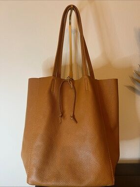 Italian Leather Vertical Tote Bag Tan Tie Closure Shopper